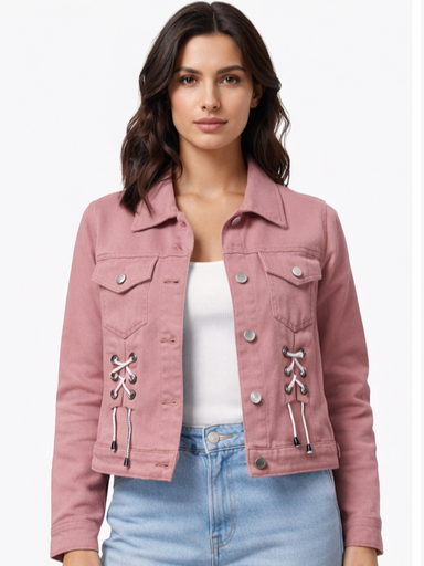 Women's Stylish Pink Denim Jacket with Unique Side Lace-Up Detail, Button Closure, and Multiple Pockets