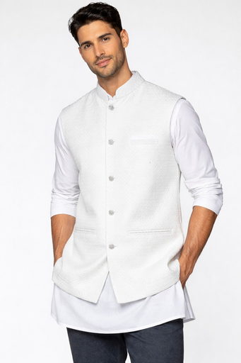 Men's Elegant White Textured Nehru Jacket