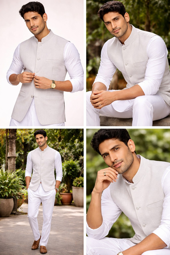 This light grey Nehru jacket for men features a mandarin collar