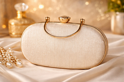 Luxury Golden Oval Shimmer Clutch | Designer Wedding Party Wear Handbag with Crystal Studded Lock