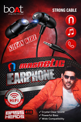 boAt Bassheads 410 Wired Earphones | Magnetic In-Ear Headphones with Mic | Hi-Fi Surround Sound & Deep Bass | Durable Silicon Wire | 3.5mm Jack Universal Compatibility