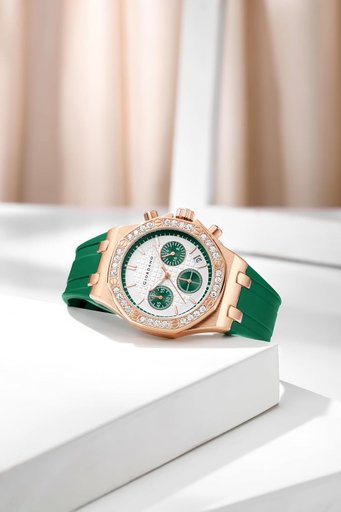 Luxury Rose Gold Green Strap Watch for Women – Crystal Bezel Designer Analog Wrist Watch