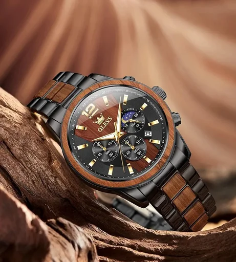 Luxury Wooden Chronograph Watch for Men – Premium Black & Wood Stainless Steel Analog Wrist Watch
