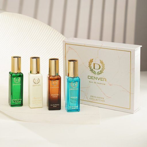 Denver Exclusive Collection Eau De Parfum Gift Set (Pack of 4 x 20ml) | Luxury Fragrance Discovery Kit for Men | Long-Lasting Vogue, Zenith Oud, Hamilton & Imperial Hamilton Scents
