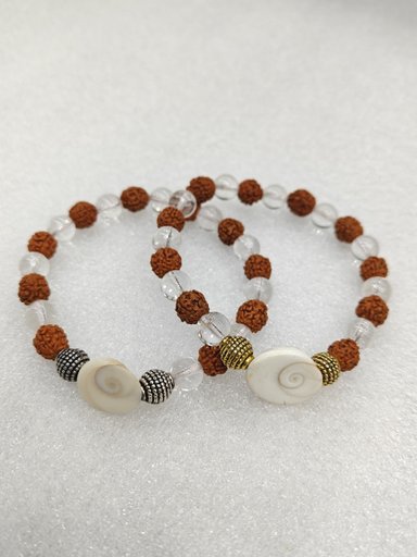 Divine Vibe Rudraksha and Clear Quartz Combo Bracelet with Natural Shell Charm