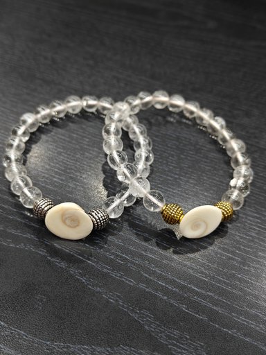 Trendy Clear Quartz & Shiva Eye Shell Bracelet Set