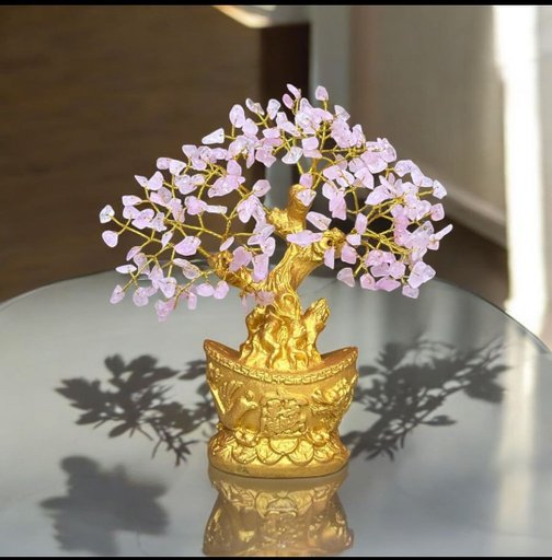 Handmade Rose Quartz Healing Crystal Money Tree | Feng Shui Prosperity Bonsai Sculpture | Golden Wealth Pot Decor | Love & Compassion Stone Gift