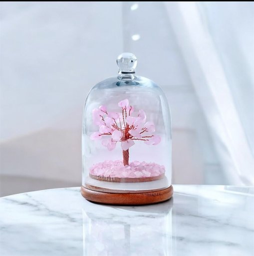 Rose Quartz Gemstone Tree Cloche - Healing Crystal Display in Glass Dome | Handmade Wire Bonsai, Spiritual Gift, Altar Decor, Stone of Love