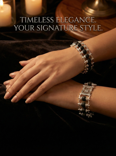 Original Karungali Bracelet for Men & Women - Authentic Black Ebony Wood Beads with Oxidized Silver Finish