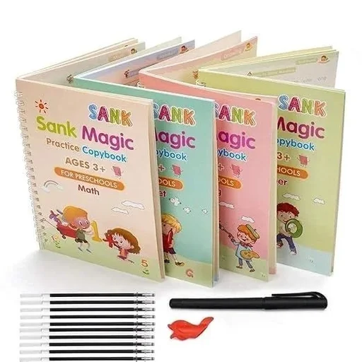 Goligo Sank Magic Practice Copybook Set – Reusable Handwriting & Number Tracing Kit for Preschoolers (4 Books + 10 Refills + 1 Magic Pen + 1 Pen Grip)