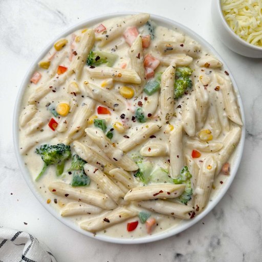 Full plate white sauce pasta 