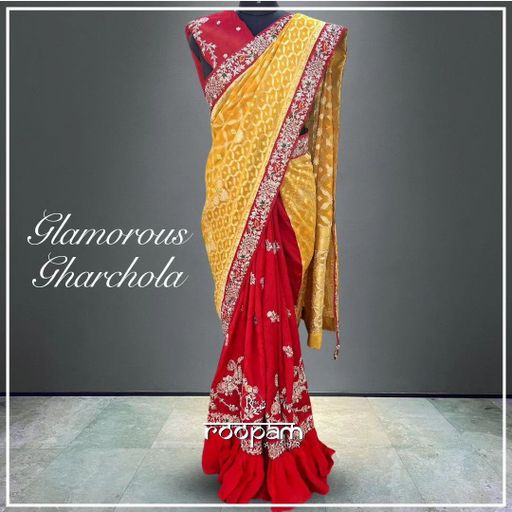 Pure Georgette Gharchola saree with half Russian Silk- Yellow