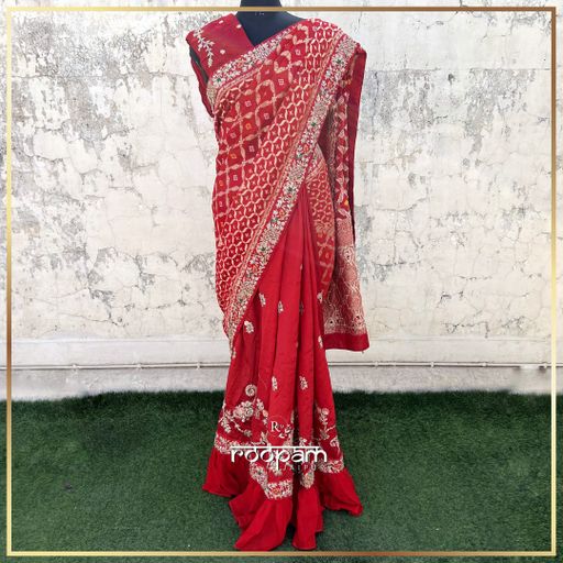 Pure Georgette Gharchola saree with half Russian Silk. - Red