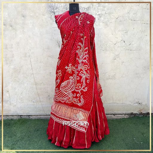Pure Opada Crushed Lehenga with Pure Gajji Silk Dupatta- Red