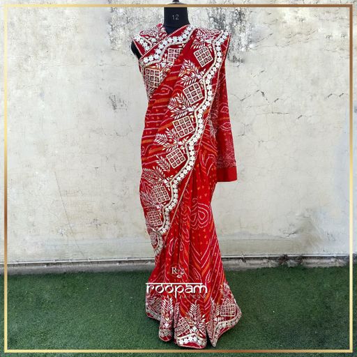Pure Georgette Bandhej Saree with Gota Patti, Zardozi, and Sequin Work