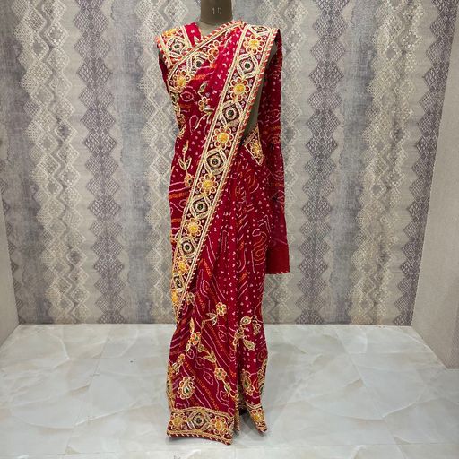 Pure Georgette Bandhej Saree with  Seekiya Gota & Zardosi Work