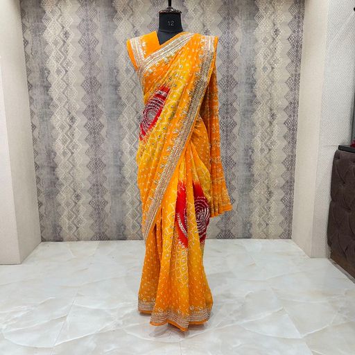 Pure Multi-Colored Bandhej with Gota Patti & Pearl Work