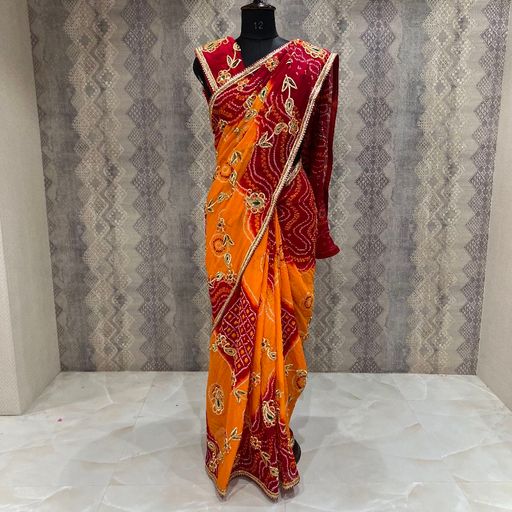 Pure Multi-Colored Bandhej with Intricate Gota Patti Work