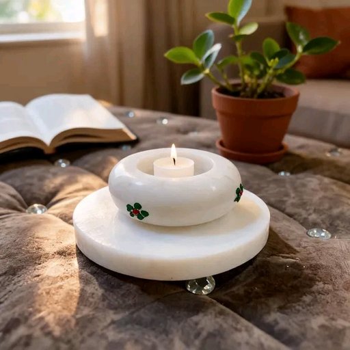 Marble Hand Painted Floral Candle Holder With Plate Set Of 2