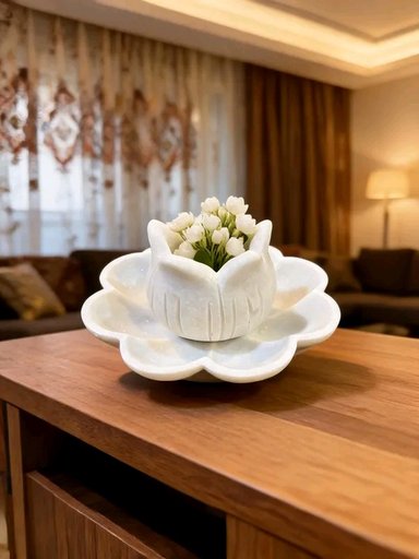 Marble Pooja Lotus Shaped Decorative Bowl With Kalash