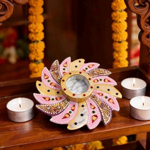 Marble Festive Floral Hand Painted Decorative Diya