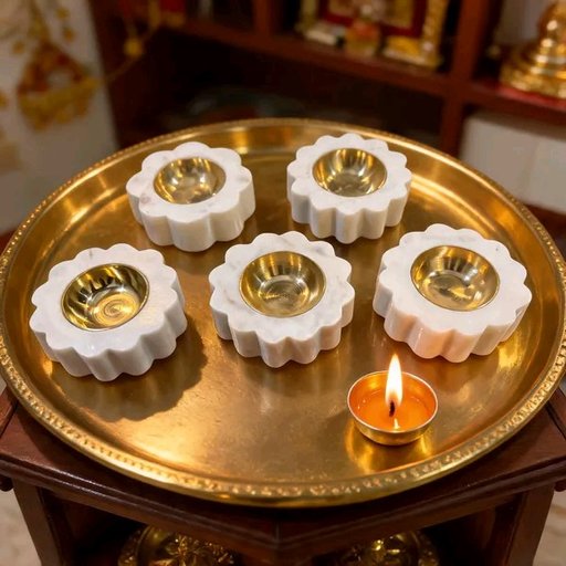 Marble Pooja Flower Shaped Brass Diya Set Of 5