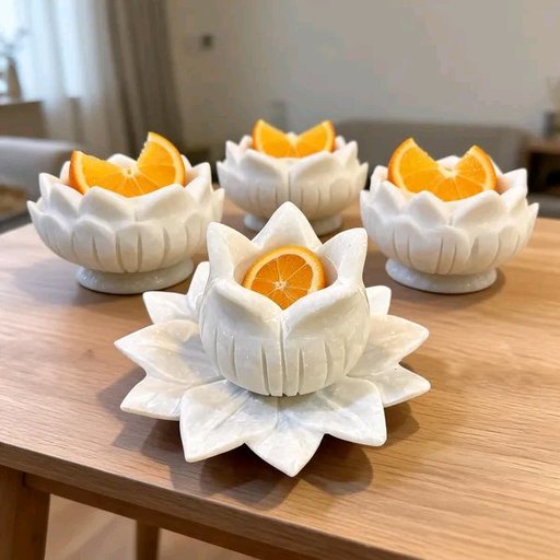 Marble Pooja Lotus Carved Decorative Bowl Set