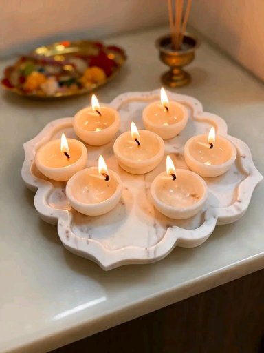 Marble Pooja Scalloped Serving Platter With Diya Cups