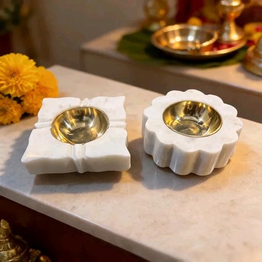 Marble Pooja Brass Diya Holder Set Of 2