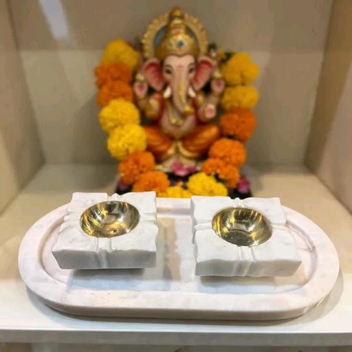 Marble Pooja Plate With Brass Diya Set Of 3