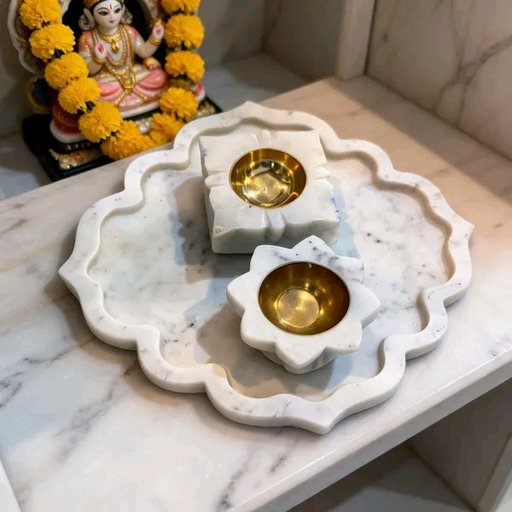 Marble pooja mehrab plate with brass diya pcs 3