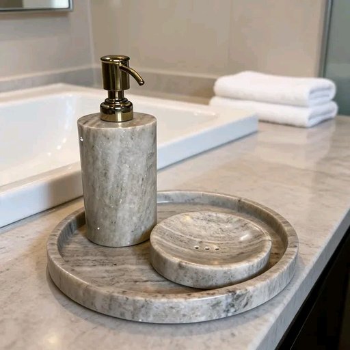 Grey Marble Veined Soap Dispenser Tray Bathroom Set