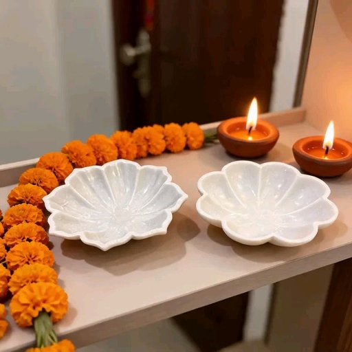 Marble Pooja Flower Shaped Pooja Plate Set Of 2