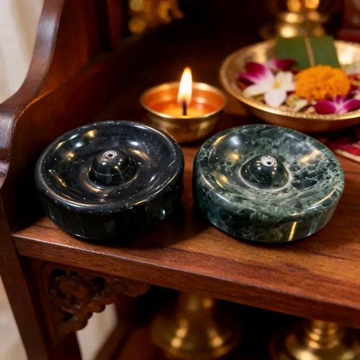 Black Green Marble Round Agarbatti Stand Set Of 2