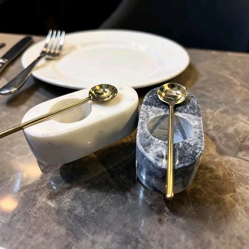 Marble Dining Veined Salt Cellar With Brass Spoon