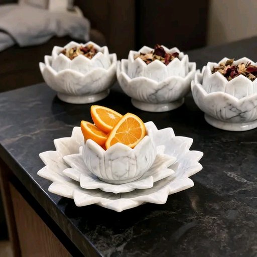 Marble Pooja Lotus Flower Decorative Bowl Set