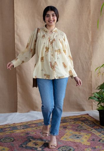 Kanha Bagh Ajrakh MulMul Light Yellow Cotton Top