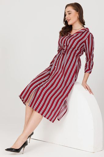 Multicolour Striped Rayon Slub Dress with Lapel