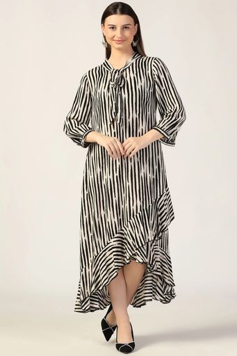Black & White Striped Rayon Crepe Dress with String Tie