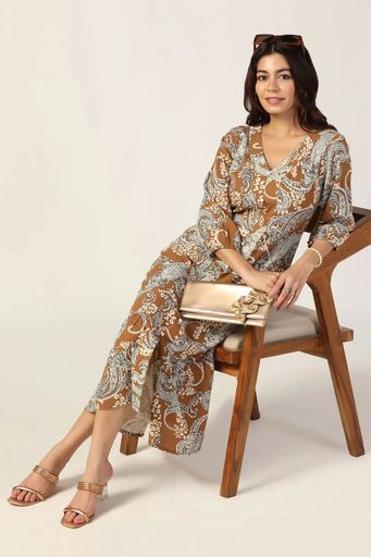 Multicolour Printed Rayon Dress with V Neck