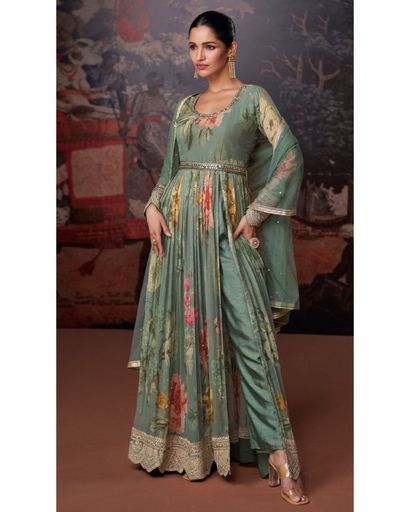 GREEN PRINT EMBROIDERED FRONT SLIT GEORGETTE ANARKALI WITH PANT (XL)