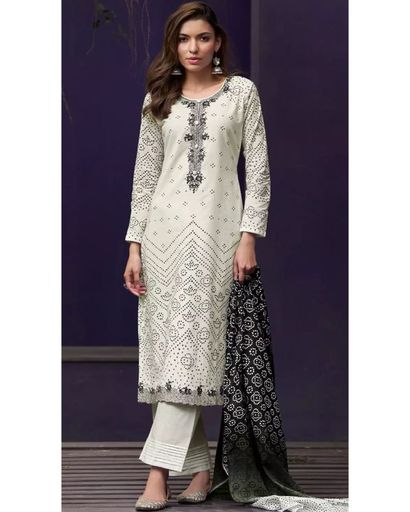 OFF WHITE EMBROIDERED UN-STICHED SUIT SET