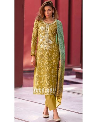MUSTARD EMBROIDERED UN-STICHED SUIT SET