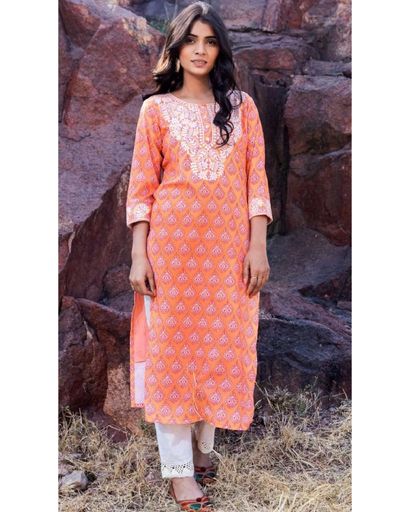 YOKE ORANGE EMBROIDERED KURTI (XXL)