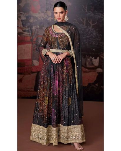 BLACK PRINT BEMBROIDERED FRONT SLIT GEORGETTE ANARKALI WITH PANT (XL)