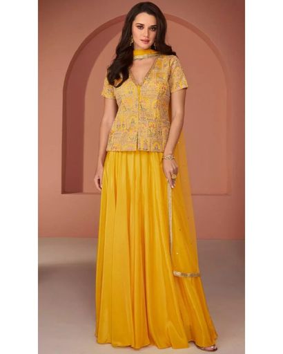 YELLOW  EMBROIDERED INDO WESTERN WITH PLAZOO (XL)