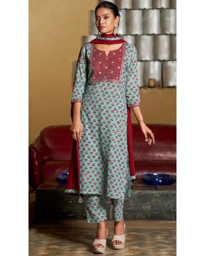 BLUE EMBROIDERY COTTON KURTA SET