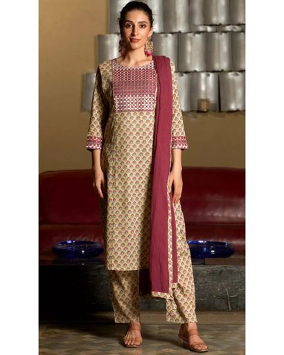 GREEN EMBROIDERY COTTON KURTA SET (3XL)