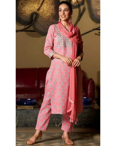 PEACH EMBROIDERY COTTON KURTA SET