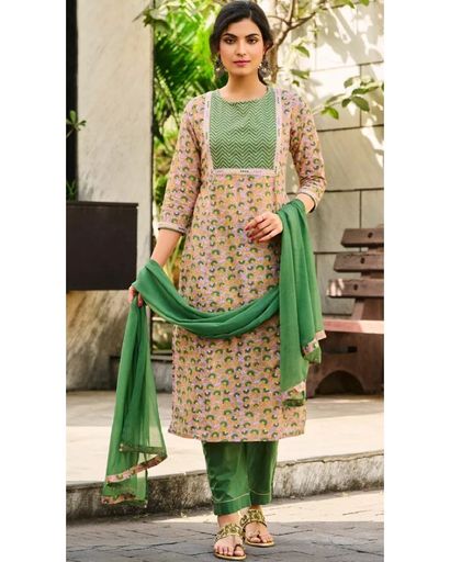 DARK GREEN EMBROIDERED COTTON KURTA SET (XXL)